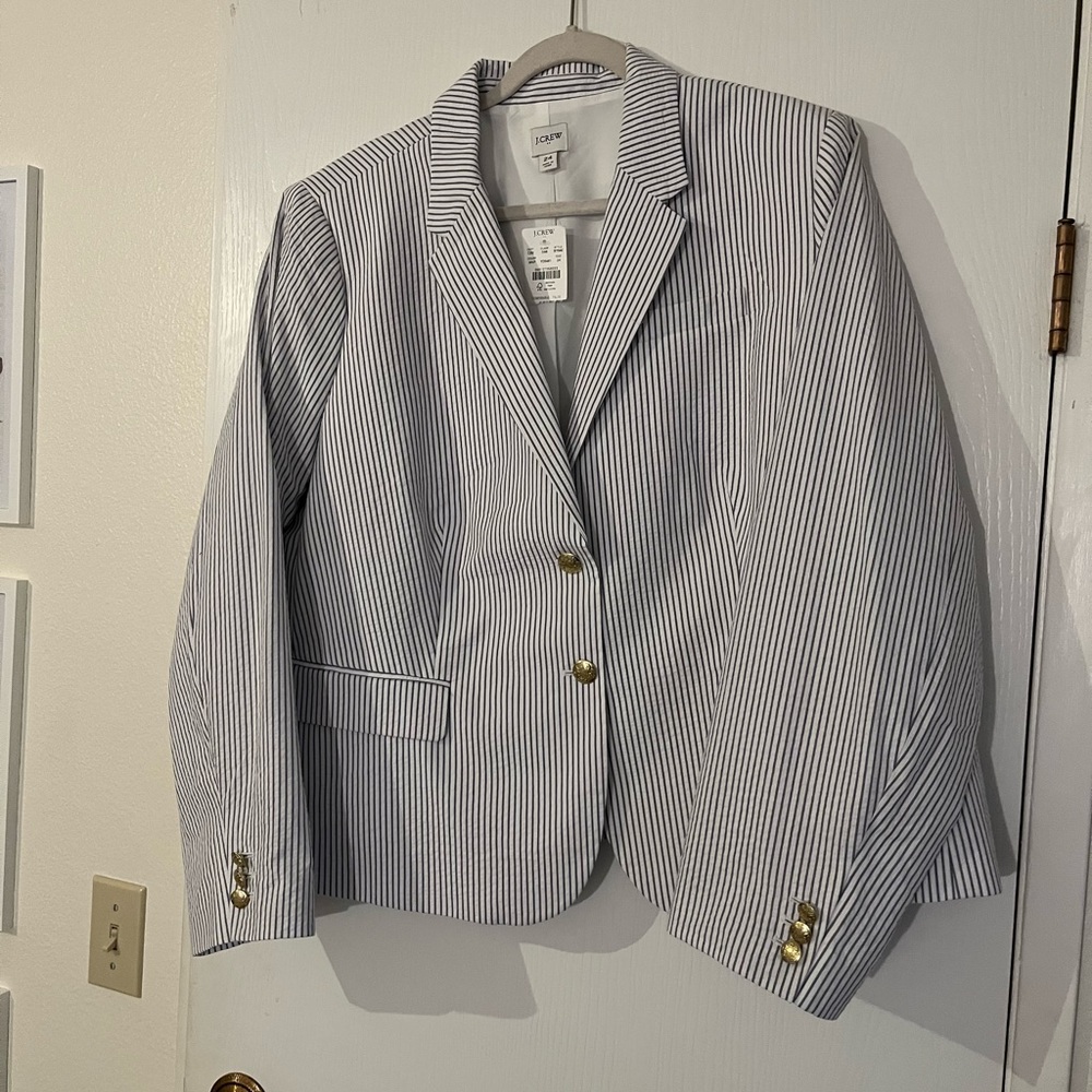 Navy and White Seersucker Striped Blazer